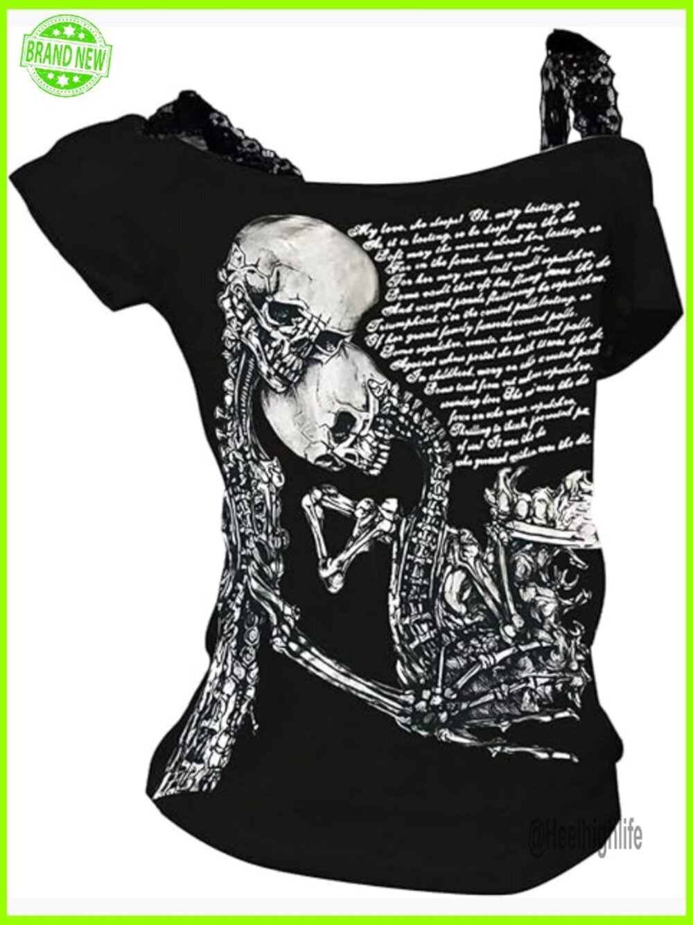 Y2K Grunge Goth Lace Cold Shoulder Skull Graphic Tee